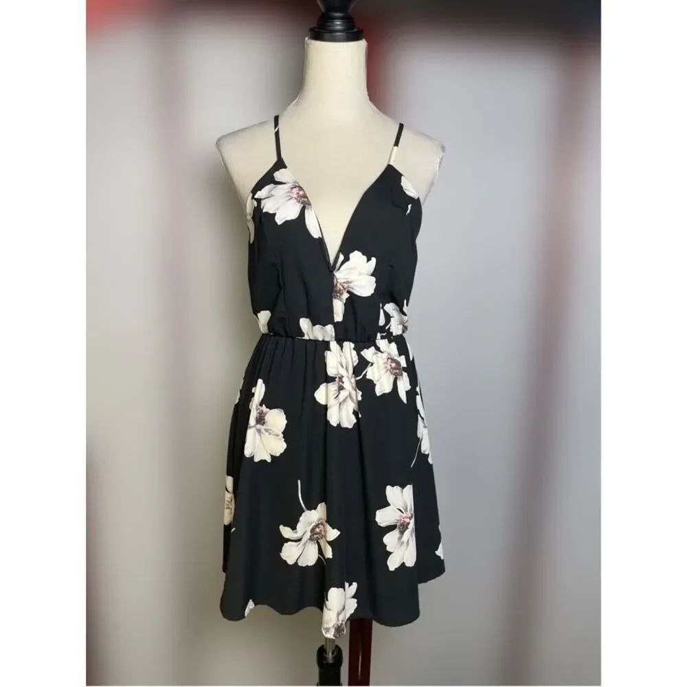 Charlotte Russe Black Mini Dit & Flare Dress w/Pale Floral Print (Size: Small)